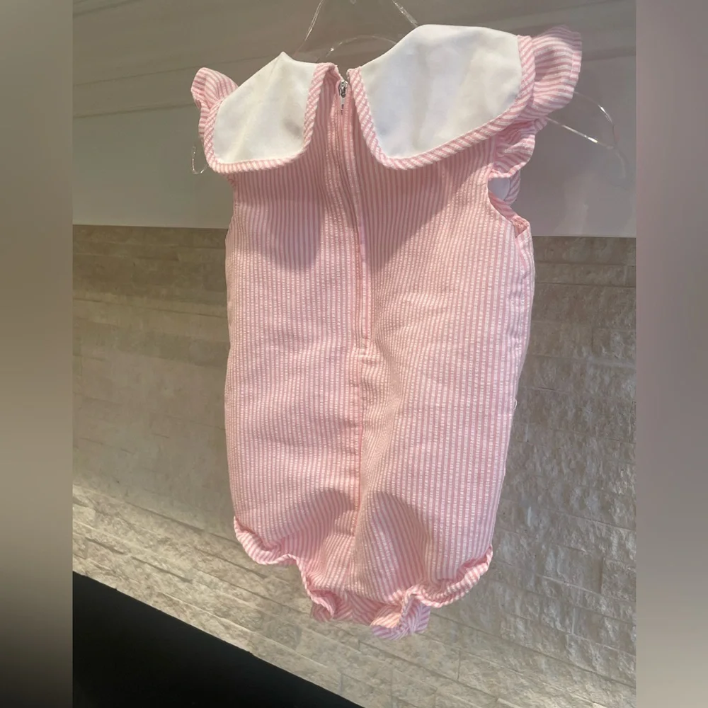 Pink Seersucker Baby Girl Bubble Romper with Tulip Embroidery